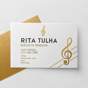 Business Card Design for Rita Tulha

Logo: Musiversal symbol
Background: White
Accent Color: Gold

Contact Information:
Name: Rita Tulha
Title: Executive Producer
Company: Musiversal
Phone: (123) 456-7890
Email: rita@musiversal.com
Website: www.musiversal.com
