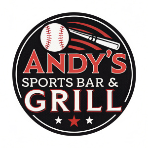 Logo for Andy's Sports Bar & Grill. Black and red colors. Baseball theme. Bold font. Playful design