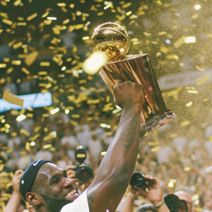 LeBron James celebrating after winning an NBA championship. Dense crowd, confetti falling, photographers clicking