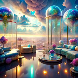 close futuristic masterpiece  dreamland light soft color PRISM Effect furnitures room full of sea water clouds flowers   ultra intense crystal effect ultra glitter Photoshop Photo Manipulations  Holographic liquid Patent Spandex Vinyl   Dreamscape     very much glitter sparkly fantasized glam Sprinkle Shimmering Bioluminescent fairytale masterpiece  Magical   Shimmering   Ultra iridescence UV Glow Rainbow