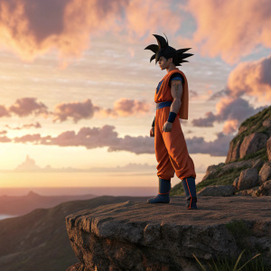 Goku from Dragon Ball series. Realistic render. Goku standing on cliff. Sunset background.