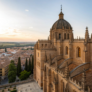 From a high vantage point, the historic New Cathedral of Salamanca, Spain. Made of warm earth-toned stone, it features intricate arches, battlements, and a prominent spire. The cityscape below includes buildings and trees.