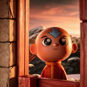 Avatar Aang, with his distinctive arrow symbol on forehead, standing amidst a snowy landscape. Looking intently at the horizon.
