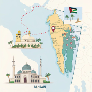 Simplified map highlighting Bahrain's borders and internal divisions. Labeled regions and major features.