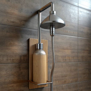 3D Render:   Bathroom shower head, created with steel and wood material bottle, ultra-realistic, home bathroom, anchored to the wall, minimalist bottle design, water bottle form