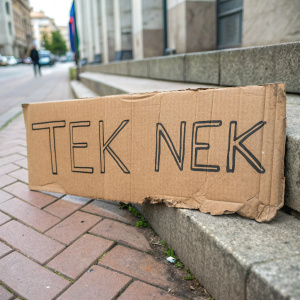 A handmade sign that reads 'TEK NEK'. Made from cardboard with marker.