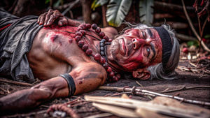 old man native Indian living in the Amazon jungle torn into bloody pieces lying on the grass covered in blood