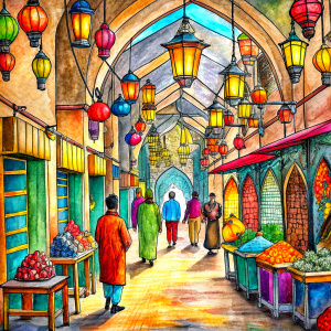I want a drawing of the colorful and intricate bazaars of Istanbul, with people shopping on Sunday and colorful stalls.