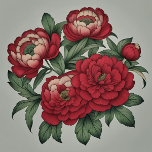 illustration of several peonyas with thick strokes 
Ukiyo-E Japanese print style  
