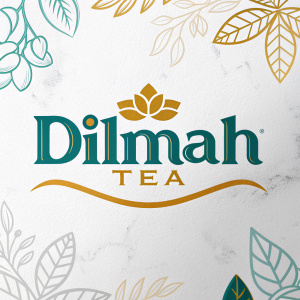 Digital artwork showcasing the rebranded logo for Dilmah Tea. Modern, elegant font in shades of teal, gold, and white. Minimalist design