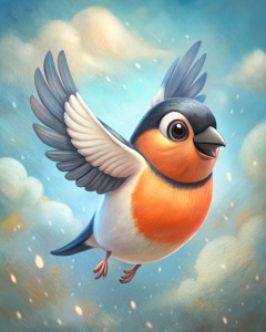 A flying cute bullfinch in a children's style