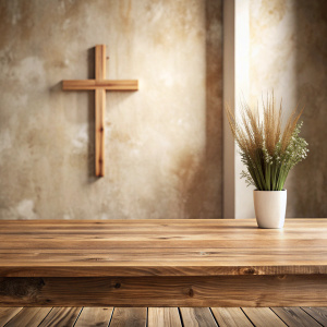 Fondo neutro con una mesa vacía para crear un mockup de primerísimo plano. La mesa de madera  cerca del espectador, se ve vacía  y muy pegada al primer plano .El centro de la mesa está libre. La mesa va a servir para poner un mockup de producto. El ambiente es de una comunión boho. Encima de la mesa hay una cruz de madera a la izquierda. En el centro hay un rectángulo de madera en horizontal