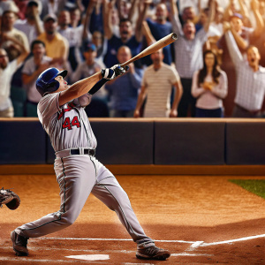 Mark Trumbo, in the heat of a baseball game, mid-swing. Grey Angels jersey, number 44, full of determination. Crowd cheering in the background, capturing the vibrant spirit of the match.