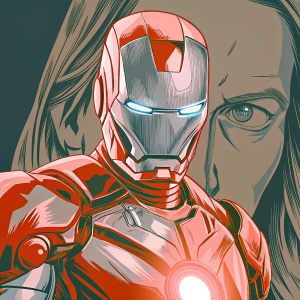 Concept art for Iron Man's suit. Detailed sketch featuring sleek, metallic design with glowing blue eyes.