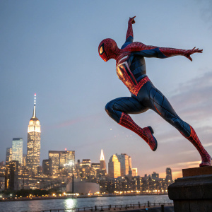 Statue of Spider-Man, mid-jump pose. Brightly lit background with New York City skyline