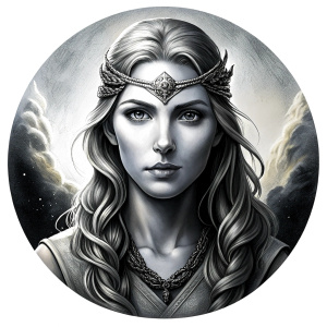 Saga, The Seer - Nordic Goddess of Sagas & Myths perfect realistic art, high-definition grey and black, white background tattoo design