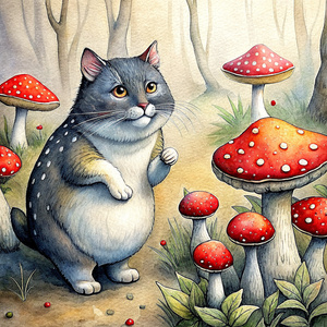 cartoon fat cat collecting fly agarics, black line drawing. white background