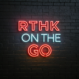 Vibrant promotional image showcasing the 'RTHK On The Go' logo in bold, neon text on a black backdrop.
