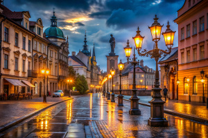 Старый город, фонари, вечер, дождь, статуи вдалеке