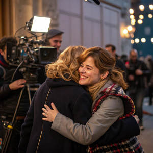 Emma Suarez and Adriana Ugarte hug warmly on the set of 'Julieta'. Filming scene with director and crew in background.