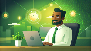 smiling black business man sitting in from of a desk looking at a laptop, in a an office, wearing shirt, glowing laptop  screen projecting business icons,  wide camera angle, side view