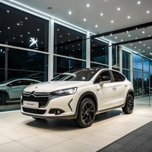 High-resolution image of the new Citroen DS4 Crossback SUV. Displayed in a modern, brightly lit dealership showroom. Sleek design with prominent grille and stylish front end. Dark background with white accents. Large glass windows enhance the clean aesthetic and glossy finish.