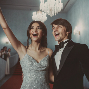 Victoria Justice and Drake Bell at a glittering award ceremony. She is in a sparkling silver gown. He is in a black tuxedo. They both have wide smiles.