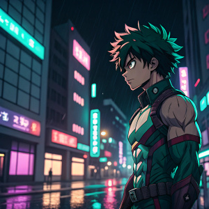 Midoriya Izuku from Boku no Hero Academia, muscular build, fierce look, set against a neon-lit cityscape at night.