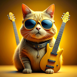 A yellow cat sitting over a electric guitar with sunglasses.