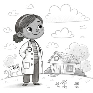 Digital sketch of Doc McStuffins. Simple black and white cartoon drawing. Fluffy clouds, tiny house, and stylized characters