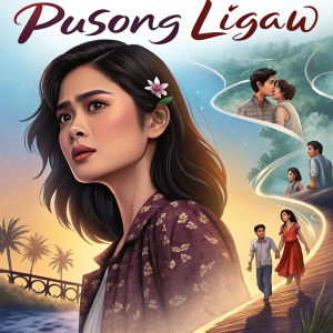 Poster for the TV series 'Pusong Ligaw'. Dark-haired actress standing prominently in the center, with smaller supporting cast images scattered around.