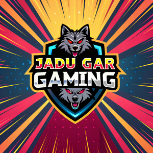 Jadu Gar Gaming's wolf logo displayed on a dynamic, colorful burst background.