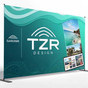 A sleek, modern logo for TZR Design. Set against a vibrant teal gradient background, the design features a wave-like pattern at the top. On the left, the GBARONIM logo and small images are displayed, along with contact information. To the right, the prominent TZR Design logo stands out.