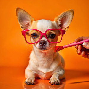 little white chihuahua dog with pink glasses holding a makeup brush with her paw