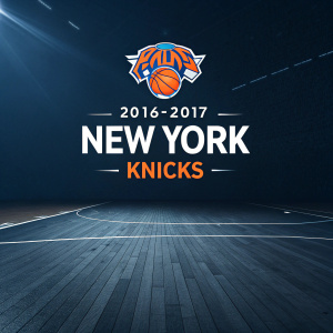 2016-2017 New York Knicks lineup graphic. Starters and bench players listed. Dark background with Knicks logo