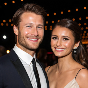 Glen Powell and Nina Dobrev at a gala event. Smiling, close-up, sharp focus. Dark background with glowing lights.