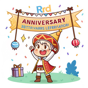 Promotional art for Ragnarok Online's third anniversary celebration. Joyful character with colorful rewards banner