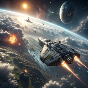 3D render from Call of Duty: Infinite Warfare. Futuristic spaceship in motion, view from above. Planet surface with swirling clouds, dramatic lighting, and atmospheric effects.