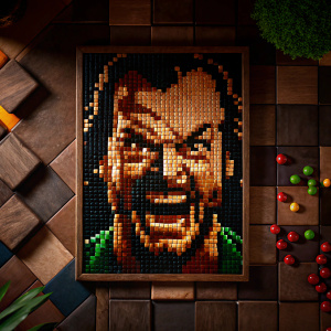 Famous actor with an angry expression. Face rendered in pixel art. Checkerboard background reminiscent of classic arcade games.