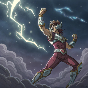 Saint Seiya character, in an intense battle pose. Dark, stormy sky background with glowing stars.