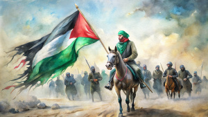 Palestine flag, A Black Flag is holding a Muslim warrior Man Green Long Turban on Head on Black Horse, Thousands of Muslim Army on Horses