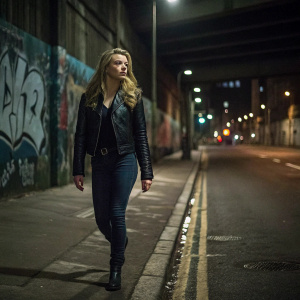 Natalie Dormer, in a black leather jacket and skinny jeans, walking on a deserted city street at night. Dark and moody atmosphere, urban setting with graffiti walls.