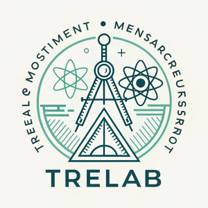 A logo for Trelab featuring a sleek, modern design with abstract geometric shapes. The design is inspired by scientific concepts and measurement. The color palette is muted with green and blue hues, emphasizing clean lines and sophisticated abstract forms.