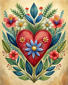 vintage boho valentine's card design with heart and flowers