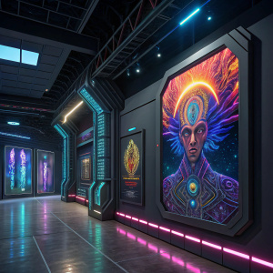 In a futuristic gallery, a digital art piece by Alex Grey. Bright colors and shapes. Sci-fi environment.