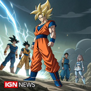 High-definition art of Dragon Ball Z warriors. Goku at center stage. Various characters in dramatic poses. Vibrant and dynamic aesthetic. Detailed costumes and environments. Dramatic lighting and IGN NEWS watermark