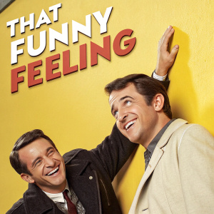Promotional poster for 1965 film 'That Funny Feeling'. Principal actors posing against bright yellow backdrop.