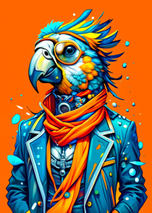  cartoon  parrot ultra detailed   , style pop art, , style watecolor, black background,r eady for print t-shirt, style art fabric, without horse
