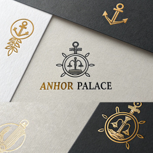 Corporate branding for Anhor Palace featuring elegant nautical-themed insignia. The logos are minimalist with gold, black and gray hues. Each design includes both an icon and text in a sleek font.