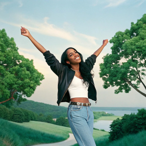 Celebratory photo of Aaliyah's 22nd anniversary in the music industry. Natural landscape background, casual attire.